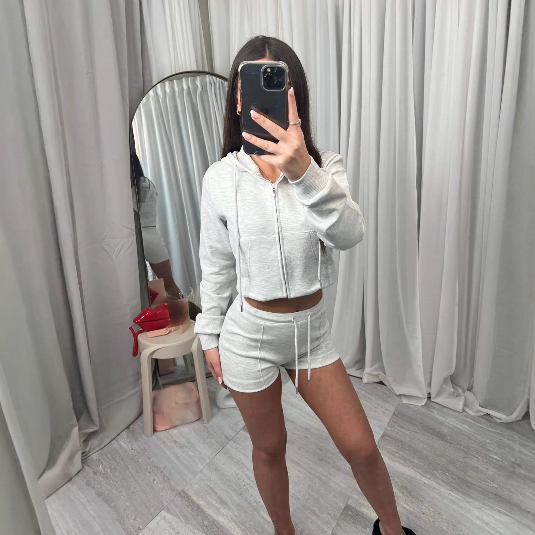 Womens Hooded Oversized Pocket Sweatshirt And Shorts Two-Piece Set