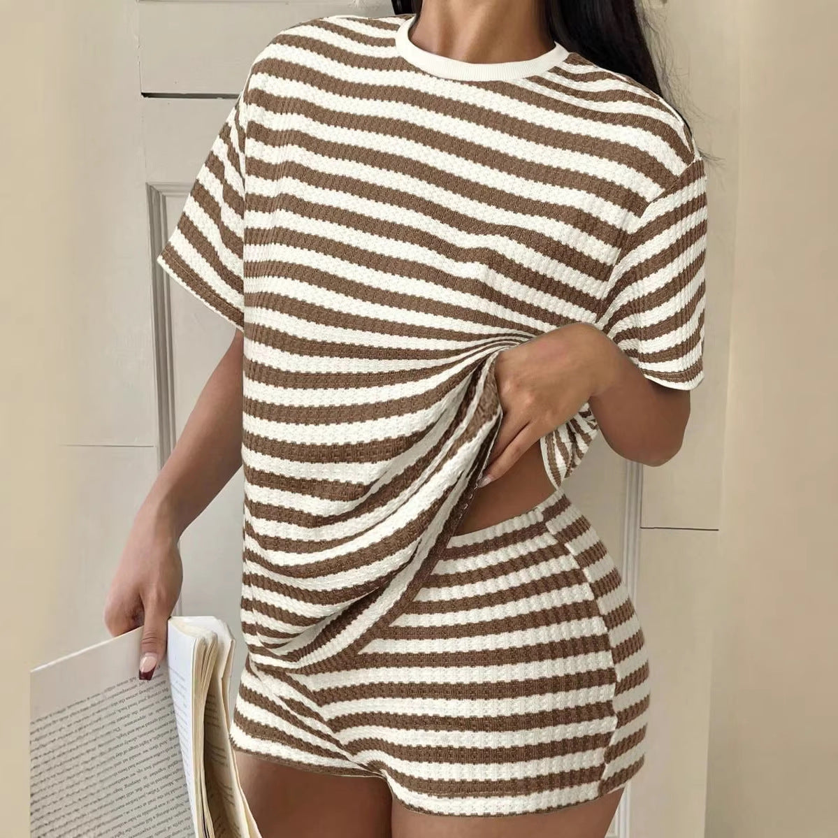 Striped Short-Sleeve T-Shirt Set Womens Fashion Summer