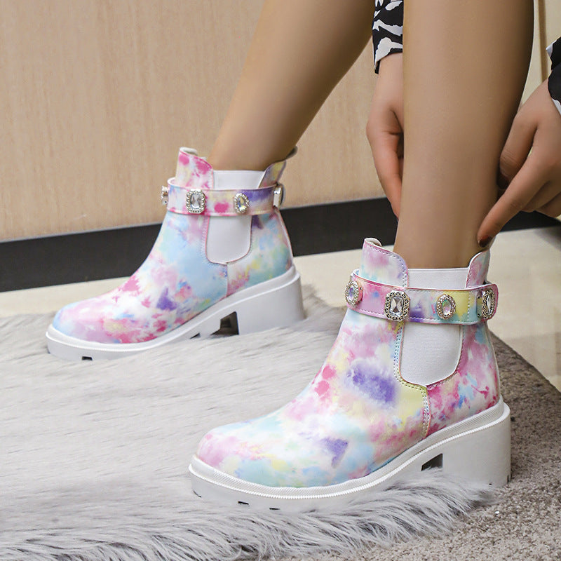 Euro-American Fashion Rhinestone Chunky-heel Trendy Boots See size chart under “more details”