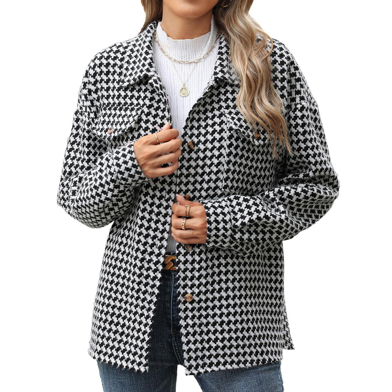 Fashion Houndstooth Lapel Tweed Coat Casual Loose Long Sleeve Jacket With Pocket Outwear Tops For Womens Clothing See size chart under “more details”