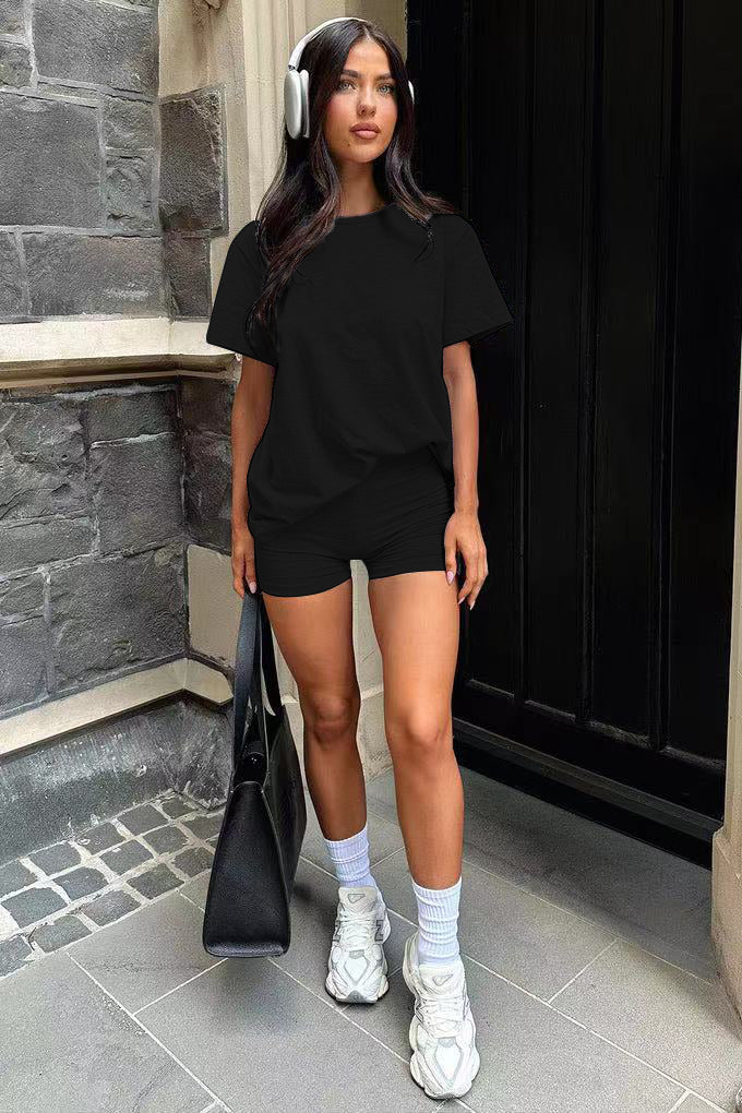 Three Piece Set, Round Neck Short Sleeved Top And Shorts And Pants Set, Sports And Casual Clothing See size chart under “more details”