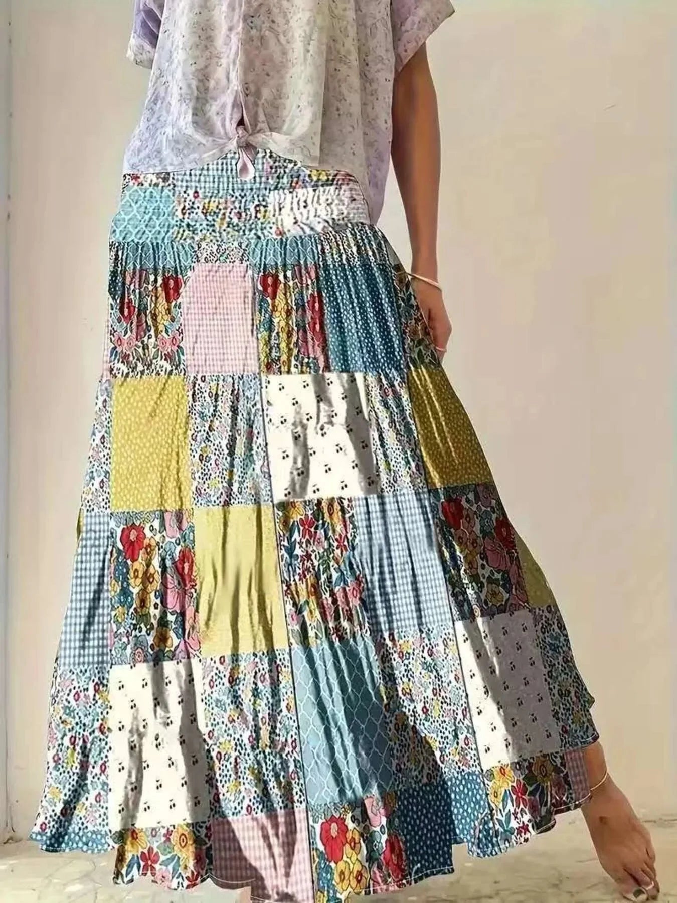 Smocked Waist Patchwork Tiered Bohemian Maxi Skirt with Pockets