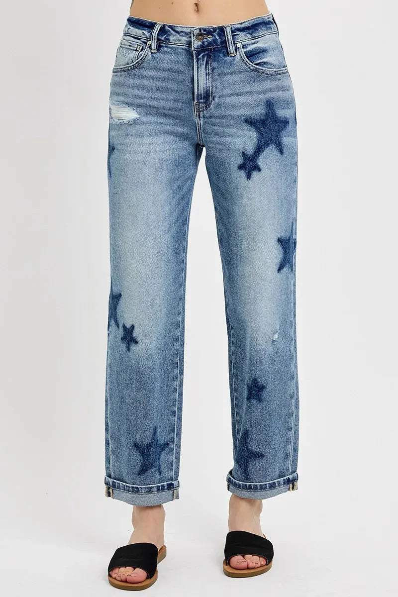 Full Size Mid Rise Boyfriend Star Shadow Detail Cuffed RISEN Jeans