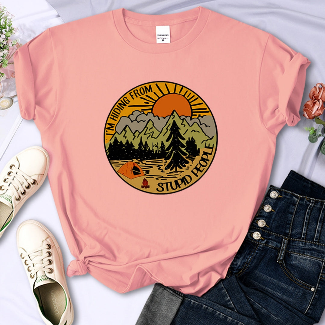 I'm Hiding From Stupid People Camping Scenery Women's Tops Hip-hop Fashion Street See size chart under “more details”