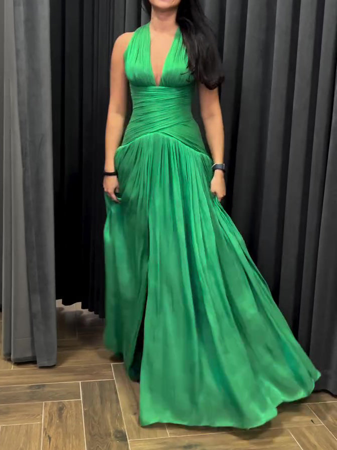 Emerald Green Plunging Neckline Gown With Pleated Skirt And Side Slit See size chart under “more details”