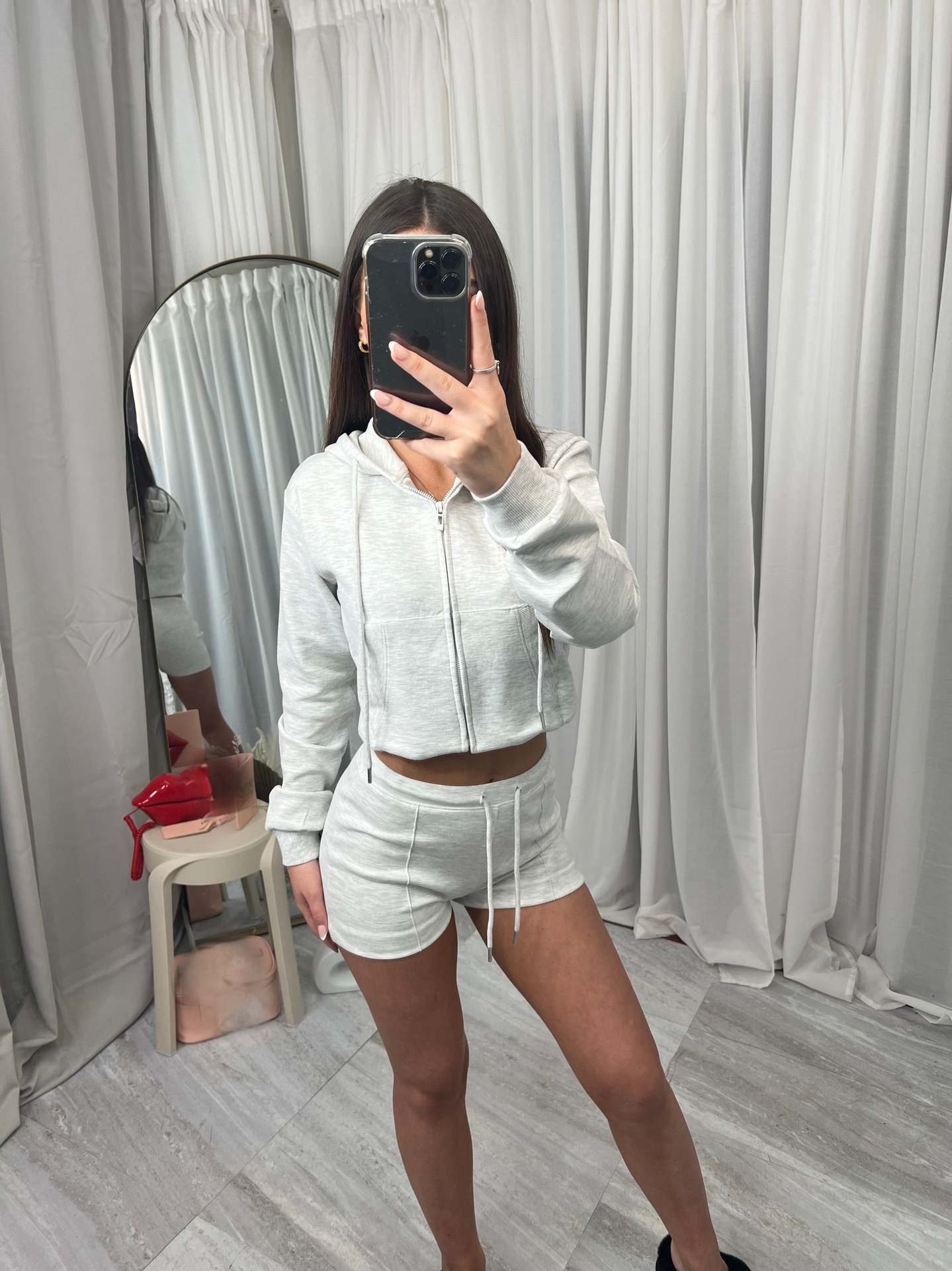 Womens Hooded Oversized Pocket Sweatshirt And Shorts Two-Piece Set