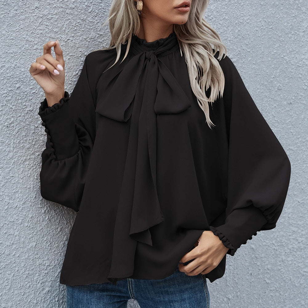Ins Long-sleeved Blouse Bowknot Puff Sleeves Fashion Commuter Office Tops Women's Clothing See size chart under “more details”