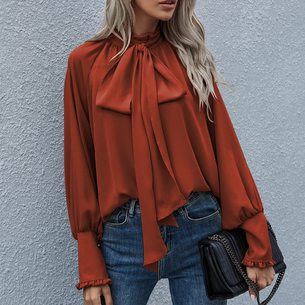 Ins Long-sleeved Blouse Bowknot Puff Sleeves Fashion Commuter Office Tops Women's Clothing See size chart under “more details”