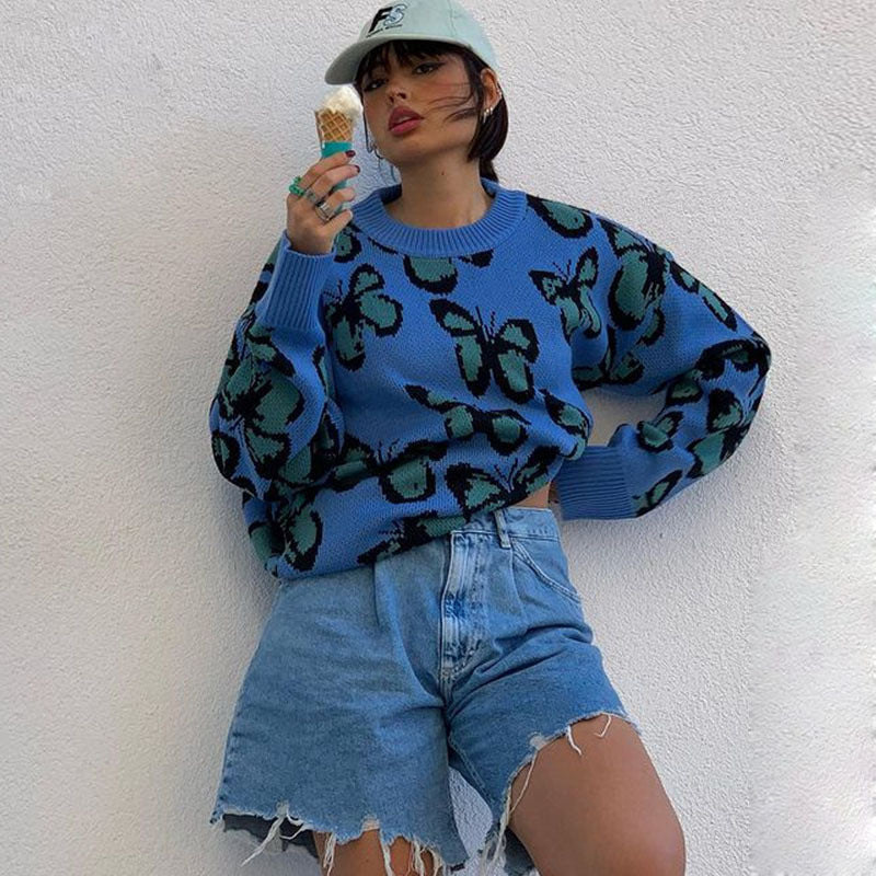 Autumn And Winter Butterfly Print Plus Size Ladies Trendy Sweater