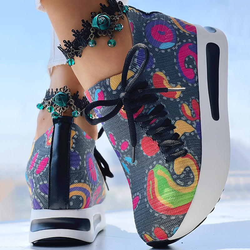 Women's Random Print Side Lace-Up Elastic Sport Shoes, Comfortable Slip-On Sneakers For Women, Casual Daily Wear Footwear See size chart under “more details”