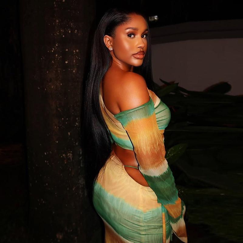 Elastic Oblique Collar Asymmetrical Two-piece Women's Clothing