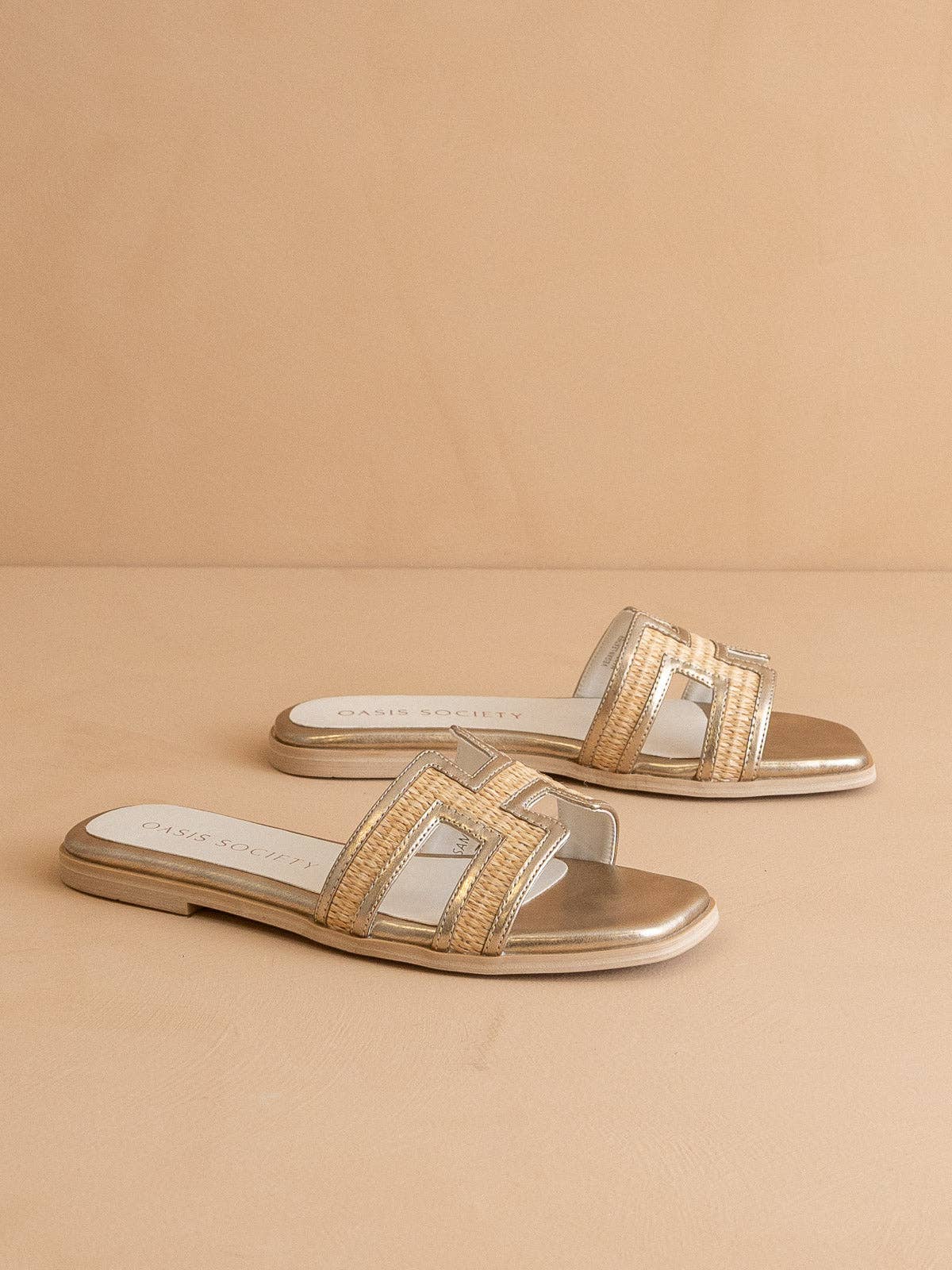 The Riviera Metallic Raffia Slide Sandals