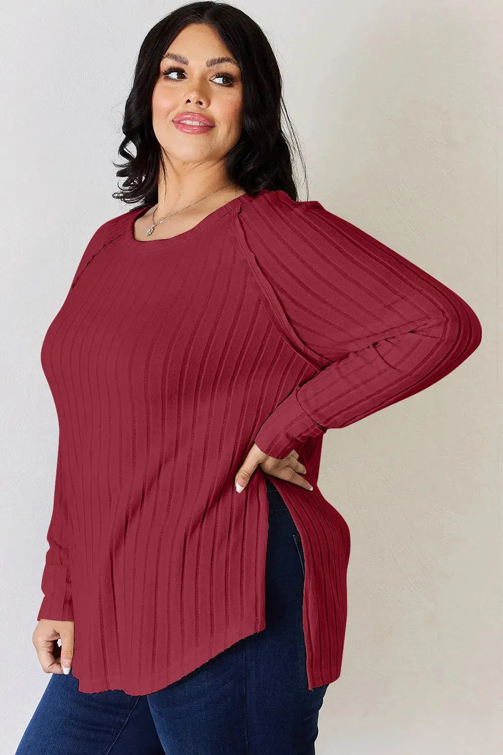 Basic Bae Ribbed Round Neck Slit Womens Long Sleeve T Shirt – Full & Plus Size