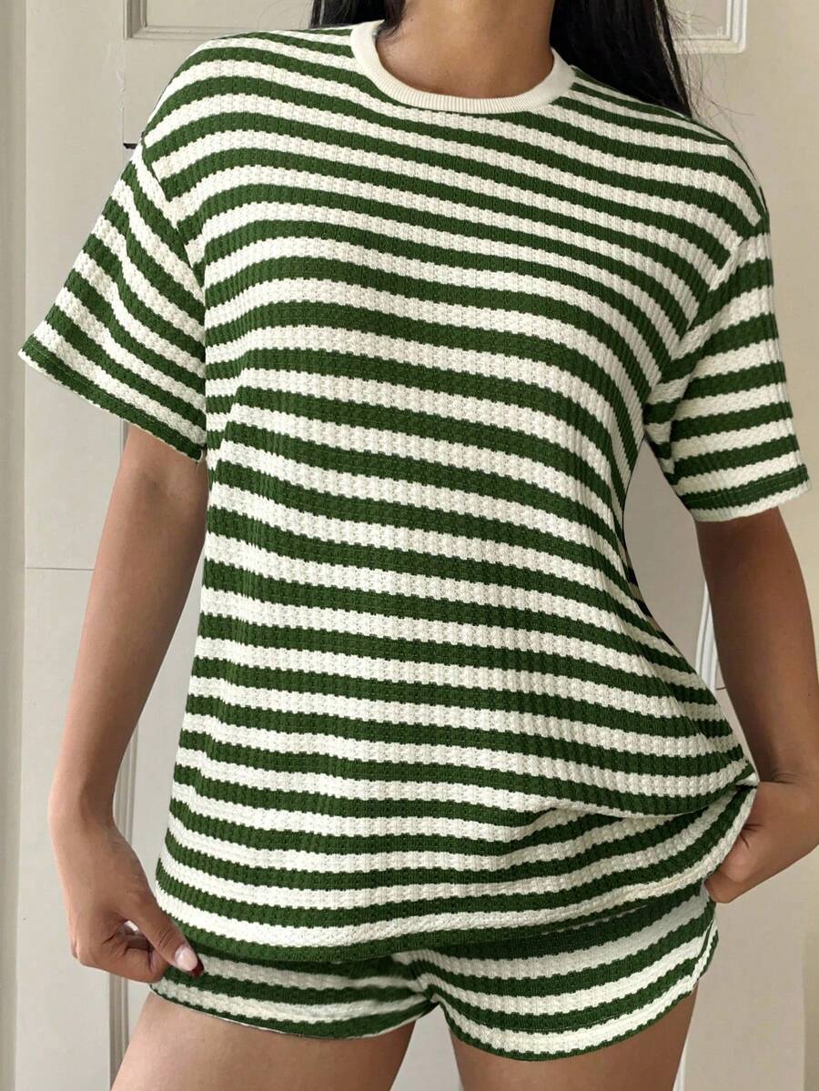 Striped Short-Sleeve T-Shirt Set Womens Fashion Summer