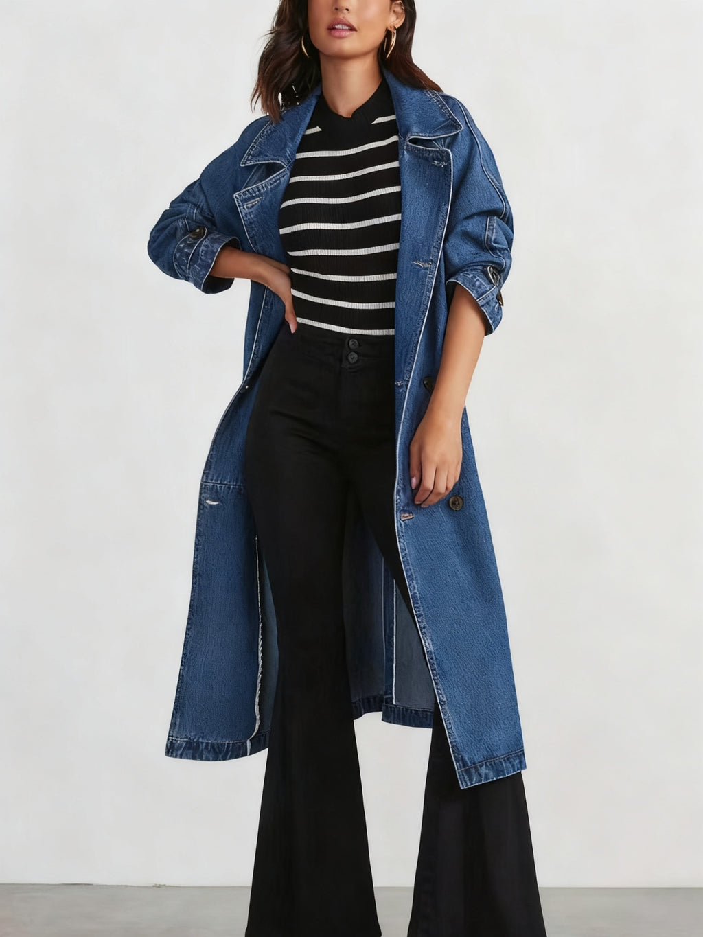 New Fashionable Denim Women's Windbreaker, Pure Color Turtleneck Long-sleeved Lace-up Long Denim Jacket For Women See size chart under “more details”