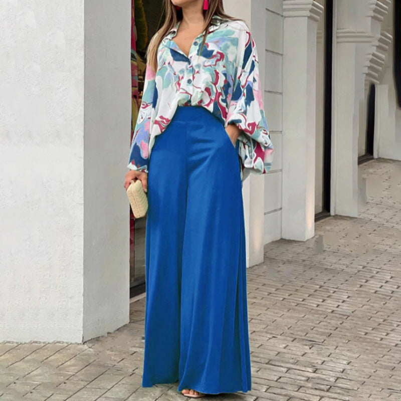Women's Printed Shirt Wide Leg Pants Fashion Casual Set See size chart under “more details”