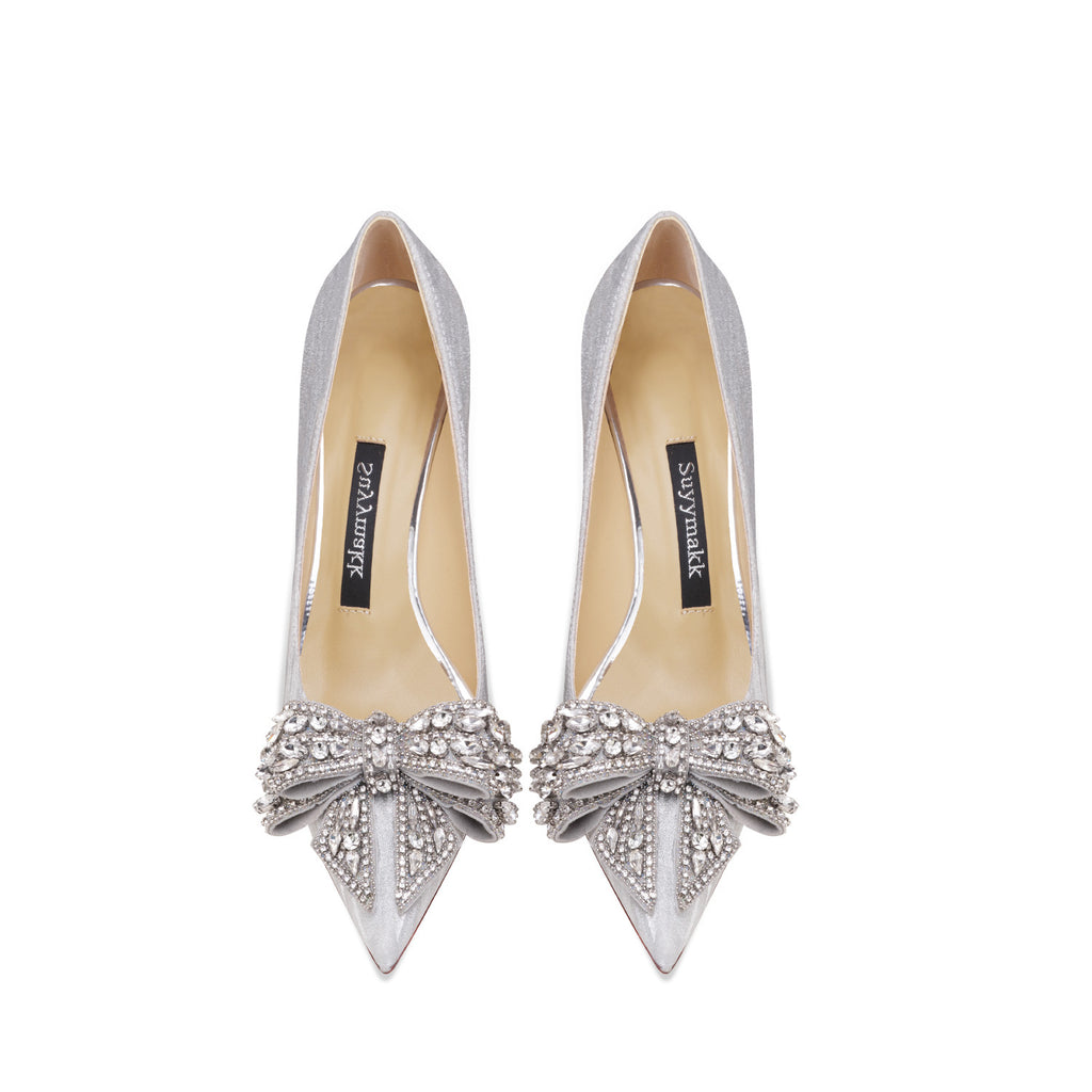 Genuine Leather Rhinestone Silver Bow High Heels See size chart under “more details”