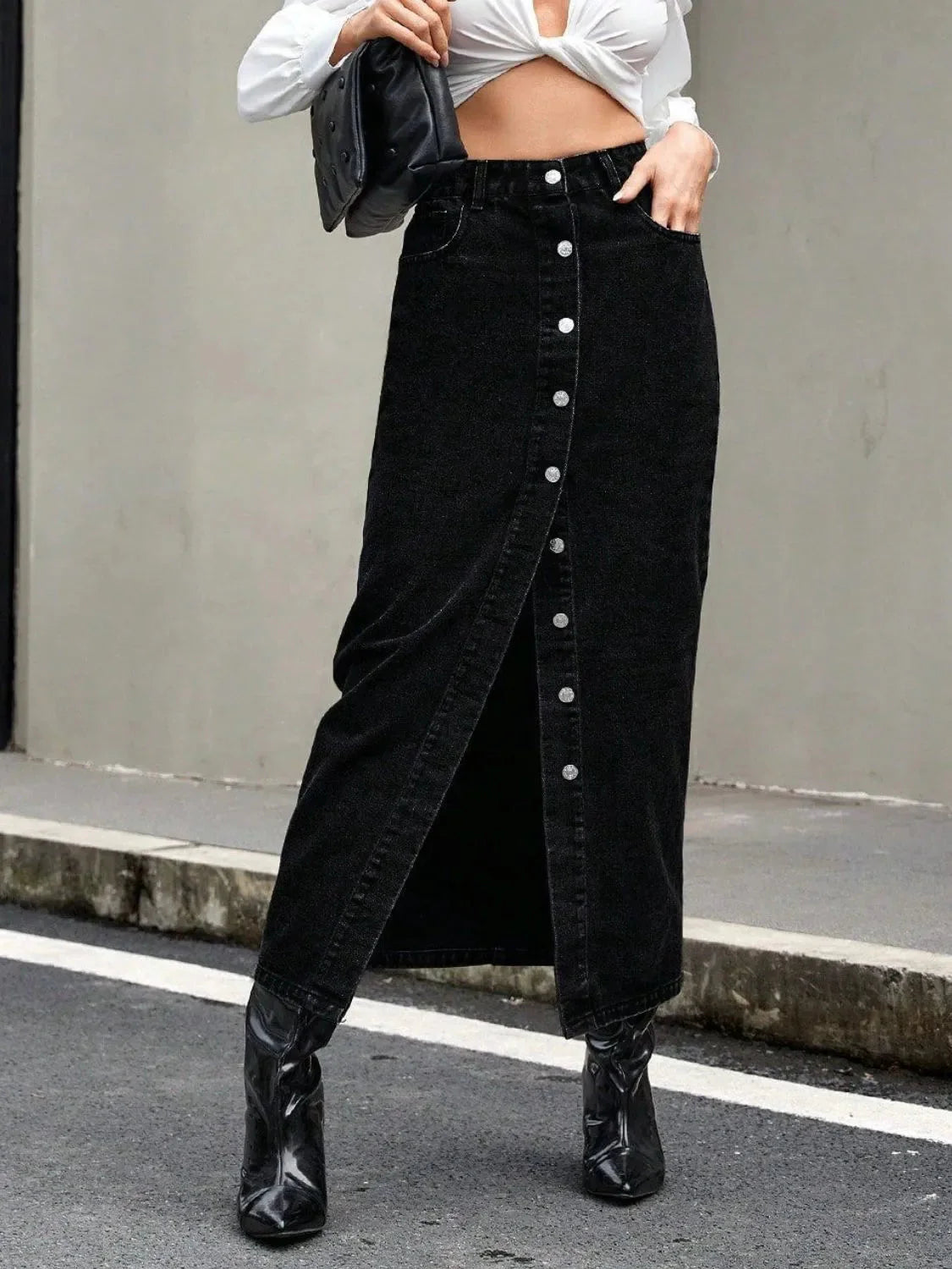 Cosmic Allure Black Denim Maxi Skirt with Slit