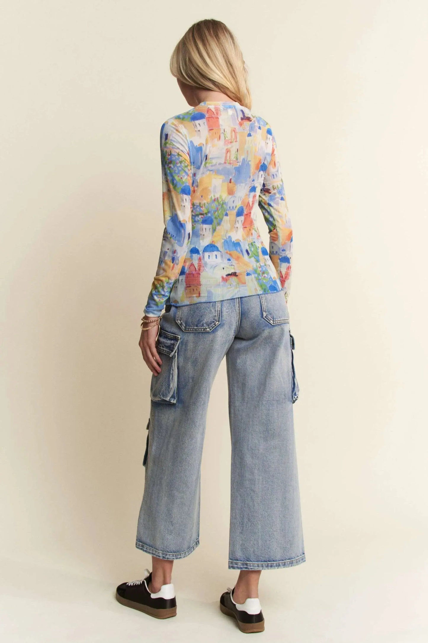 Davi & Dani Multi Printed Round Neck Mesh Long Sleeve Top