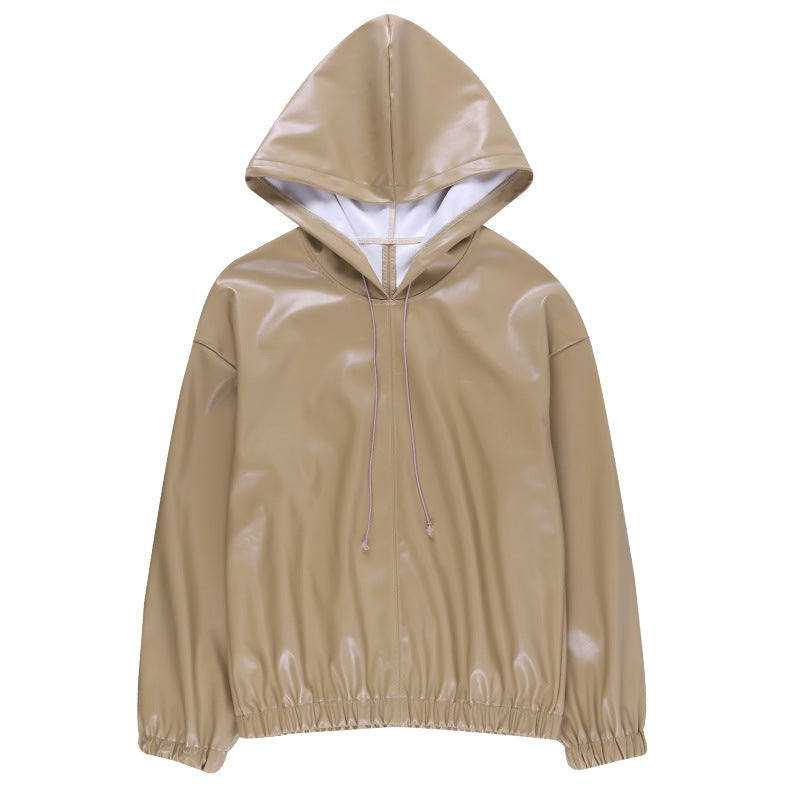 Women's Leather Versatile Round Neck Hoodie See size chart under “more details”