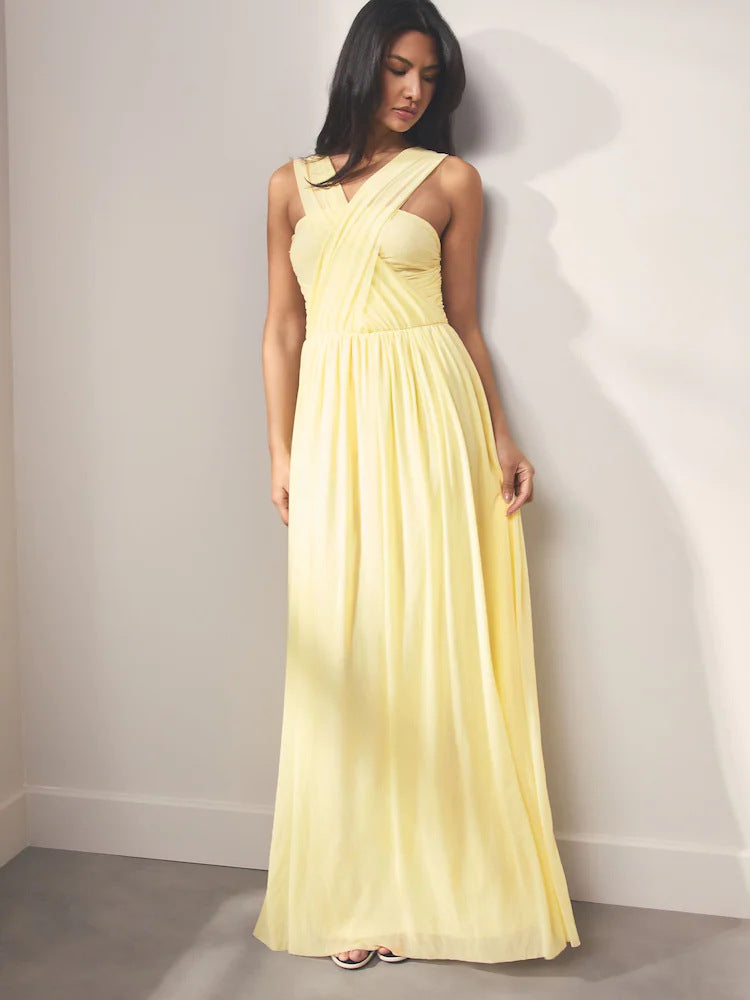 Pleated Solid-Colored Strap Three-Way Dress (see size chart under more details)