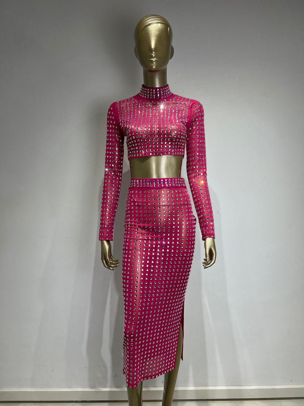 Hot Girl Women's Fashion Rivet Elastic Tight Skirt Suit See size chart under “more details”