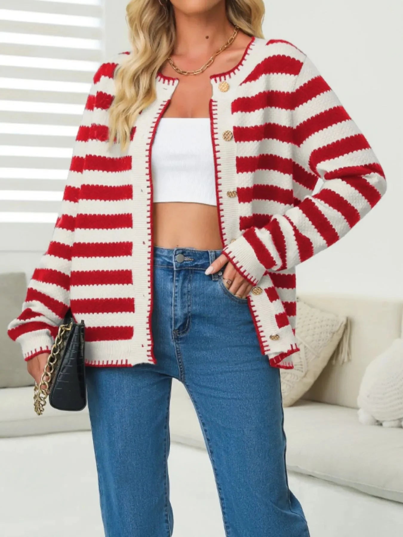Button Down Striped Long Sleeve Cardigan