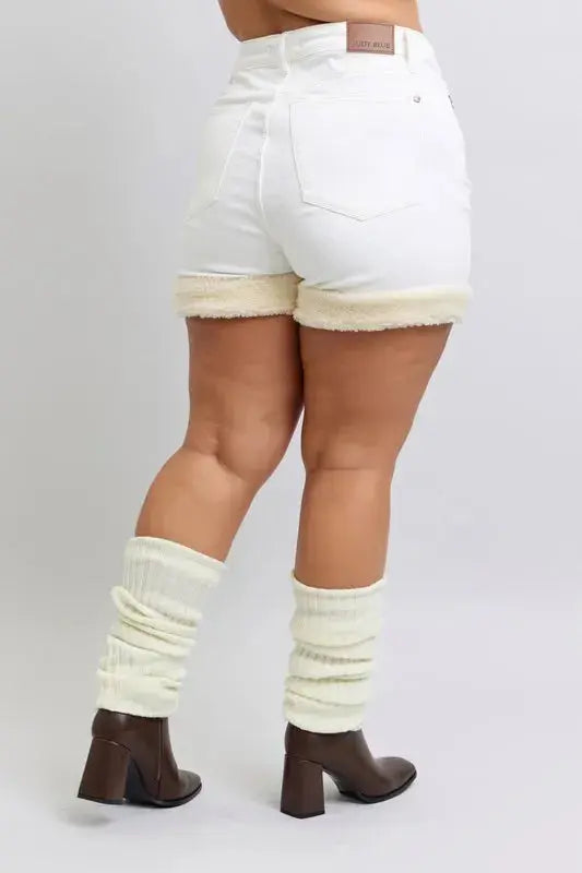 Judy Blue Jeans - Full Size High Waist Shearling Cuff Denim Shorts