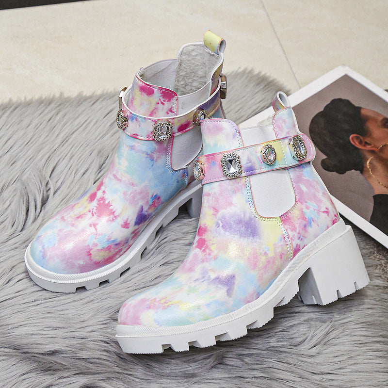 Euro-American Fashion Rhinestone Chunky-heel Trendy Boots See size chart under “more details”