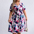Summer Trendy Geometric Pattern Multi-color Mosaic Women's Plus Size V-neck Dress See size chart under “more details”