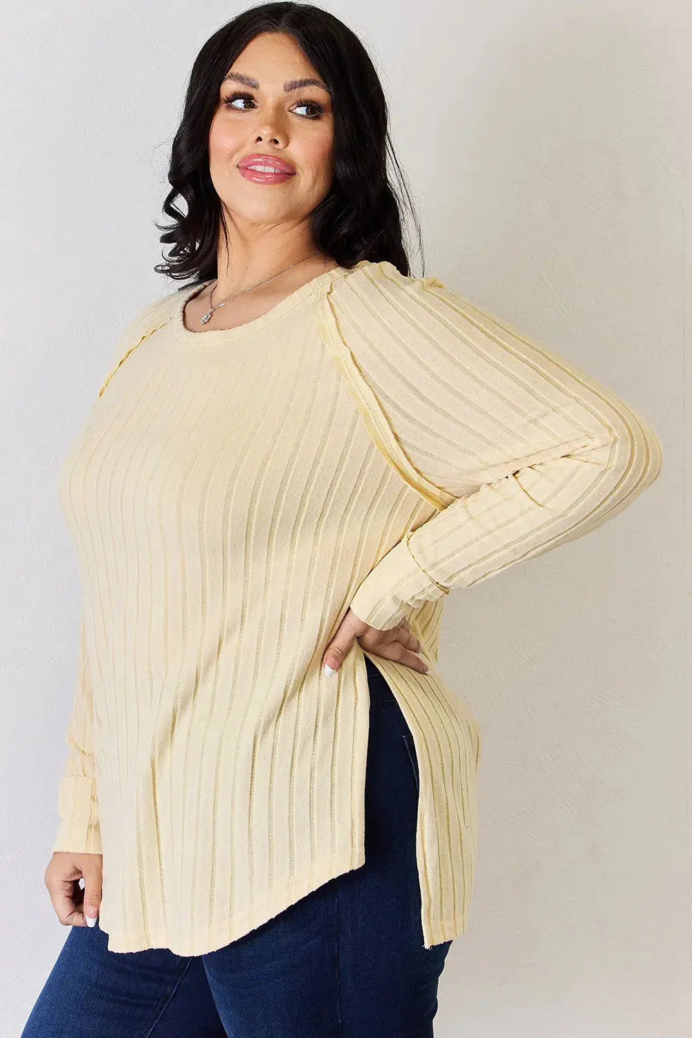 Basic Bae Ribbed Round Neck Slit Womens Long Sleeve T Shirt – Full & Plus Size