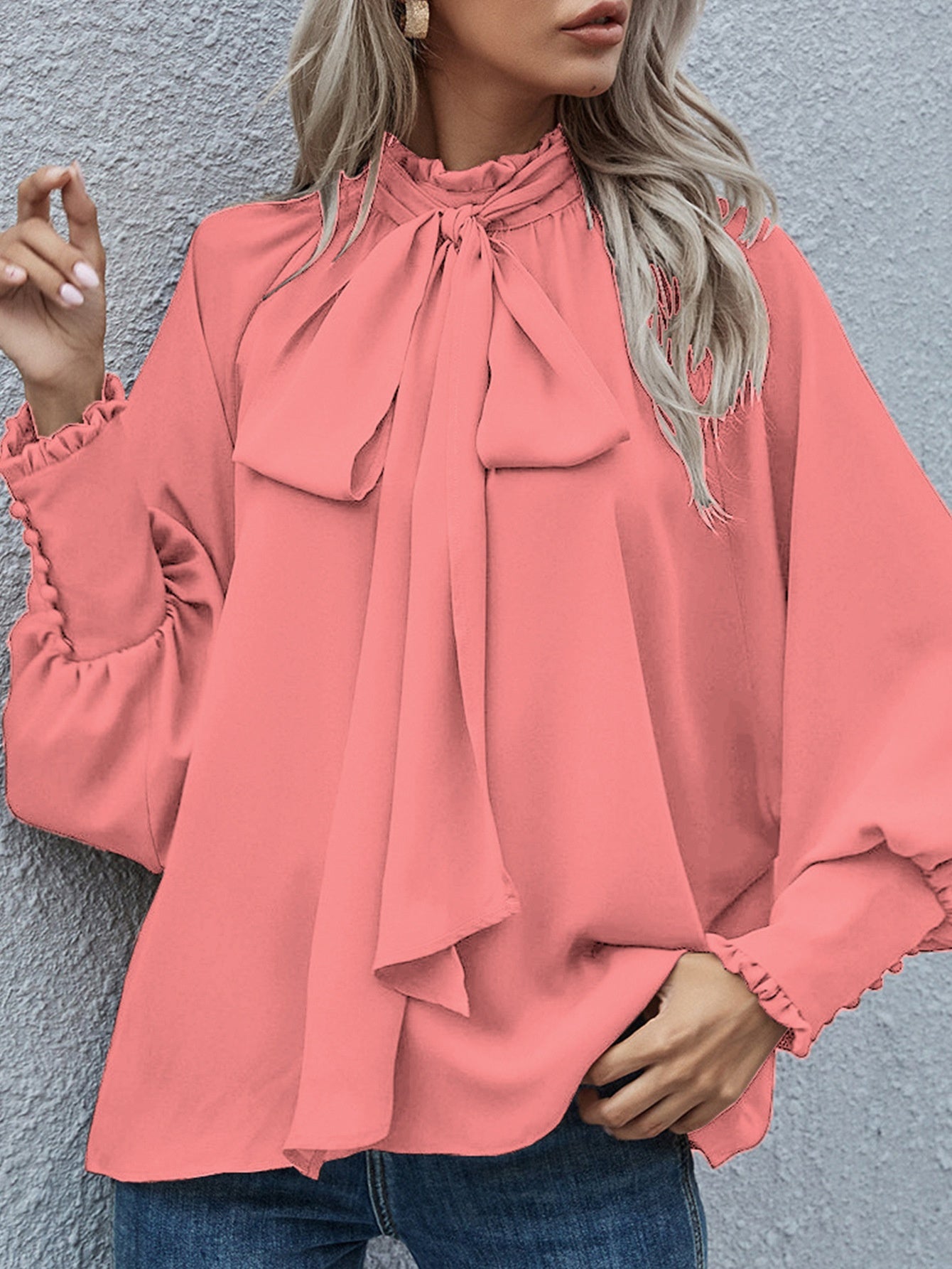 Ins Long-sleeved Blouse Bowknot Puff Sleeves Fashion Commuter Office Tops Women's Clothing See size chart under “more details”