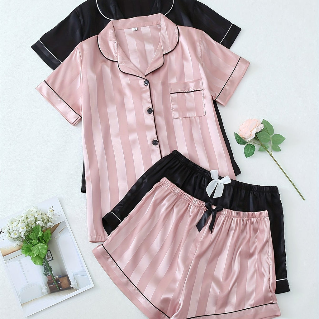 2 Sets Of Luxurious Women's Striped Satin Casual Pajama