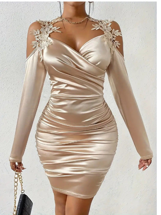 Spring And Autumn New Satin Elegant Lace Bodycon Dress With Pleated Skirt