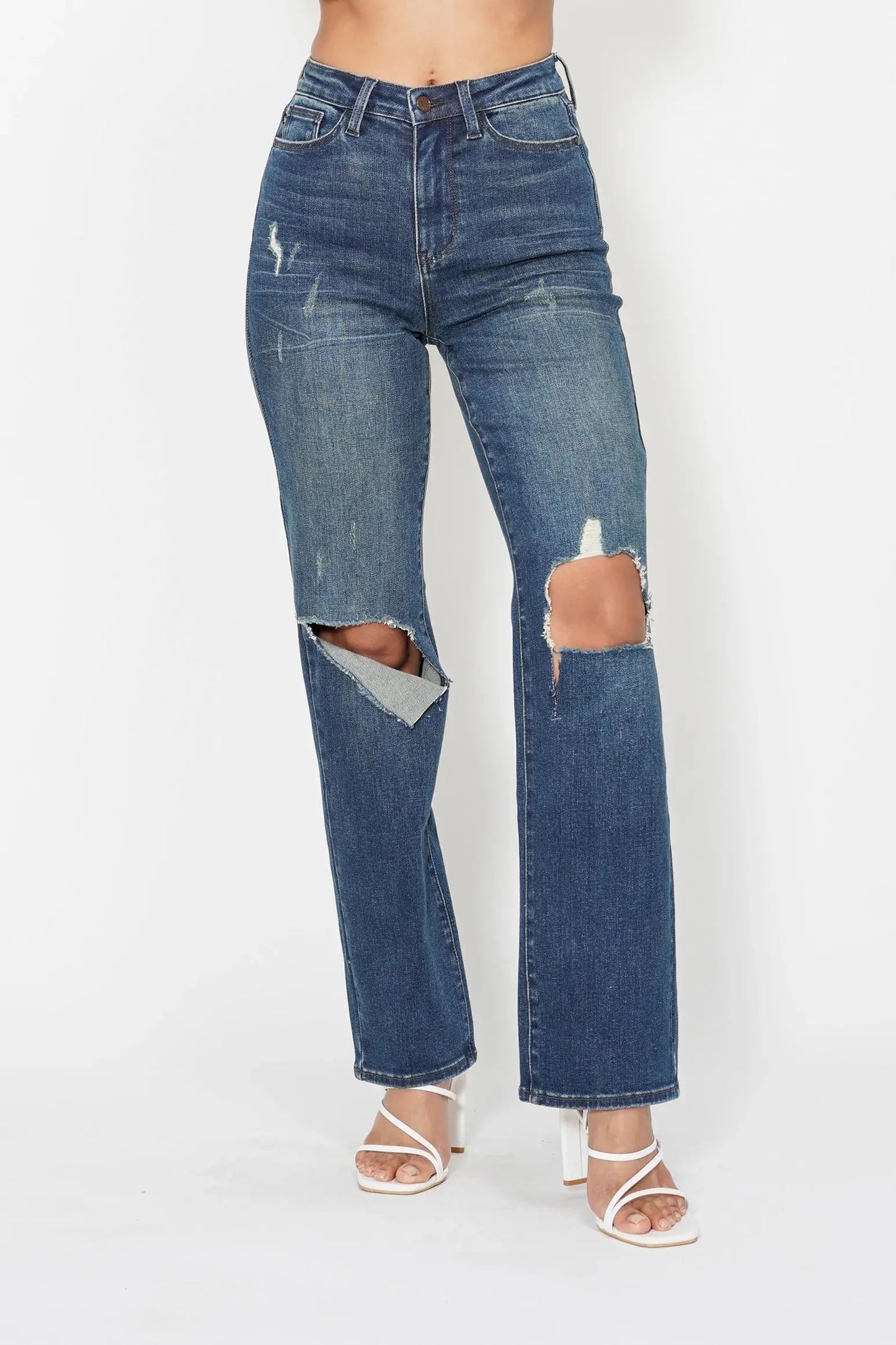 Full Size High Waist Ripped Knee Straight Leg Dad Judy Blue Jeans