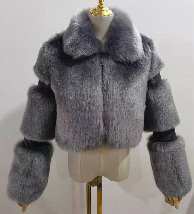Women's Fur Stitching Lapel Artificial Fur Coat