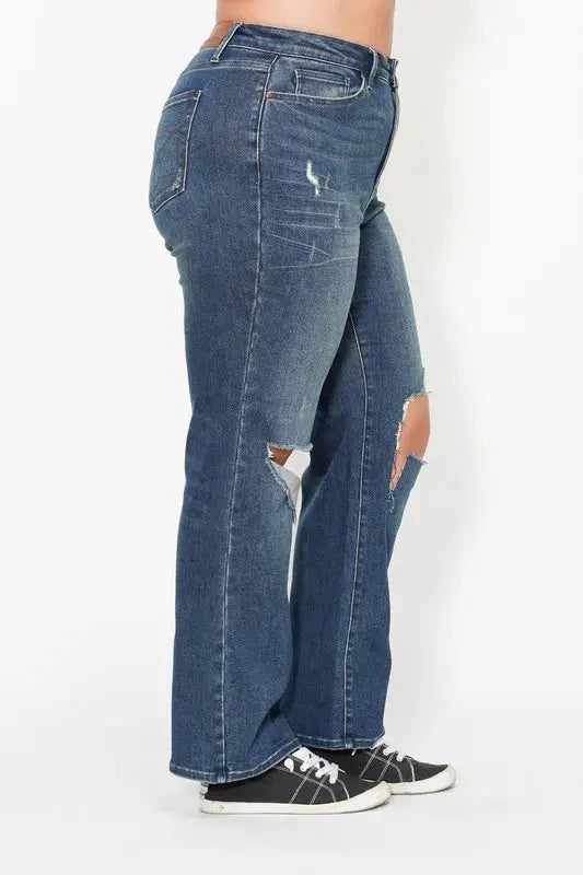 Full Size High Waist Ripped Knee Straight Leg Dad Judy Blue Jeans