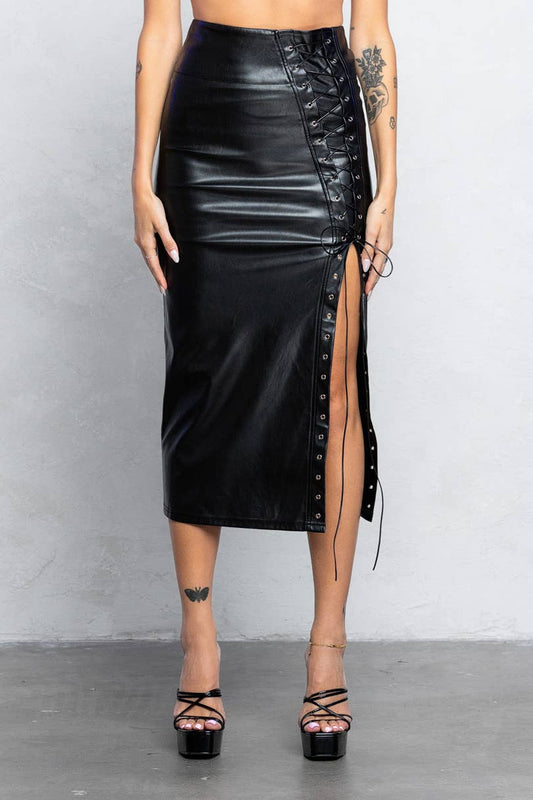 Gianna Lace Up Detail Faux Leather Midi Skirt With Side Slit
