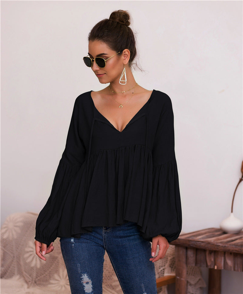 Puff Sleeve Solid Color V-neck Blouse T-shirt