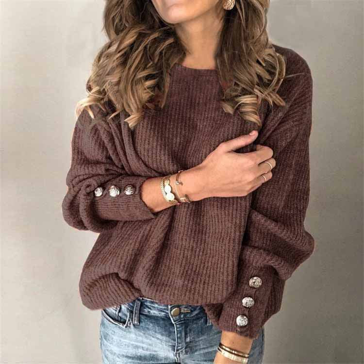 Long Sleeve Round Neck Button Knit T-shirt See size chart under “more details”