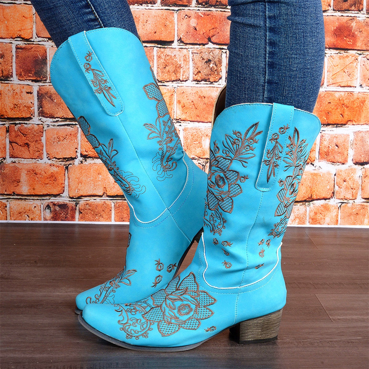 Womens Mid-Calf Boots With Embroidery Ethnic Style And A Comfortable Mid-Heel See size chart under “more details”