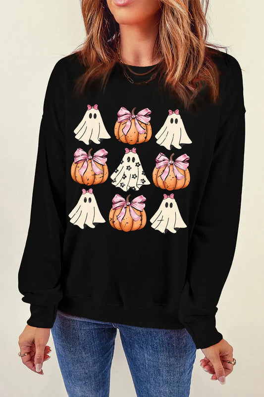 Black Pumpkin & Ghost Round Neck Long Sleeve Halloween Sweatshirt