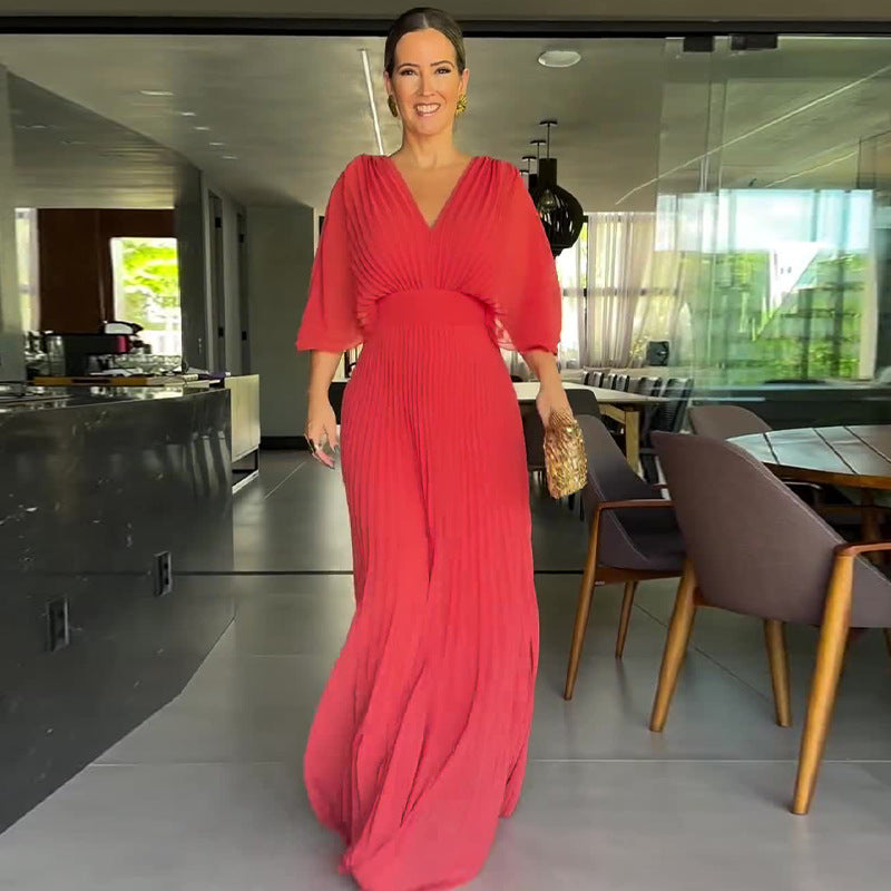 Women's Solid Color And V-neck Bat Sleeve High Waist Dress See size chart under “more details”