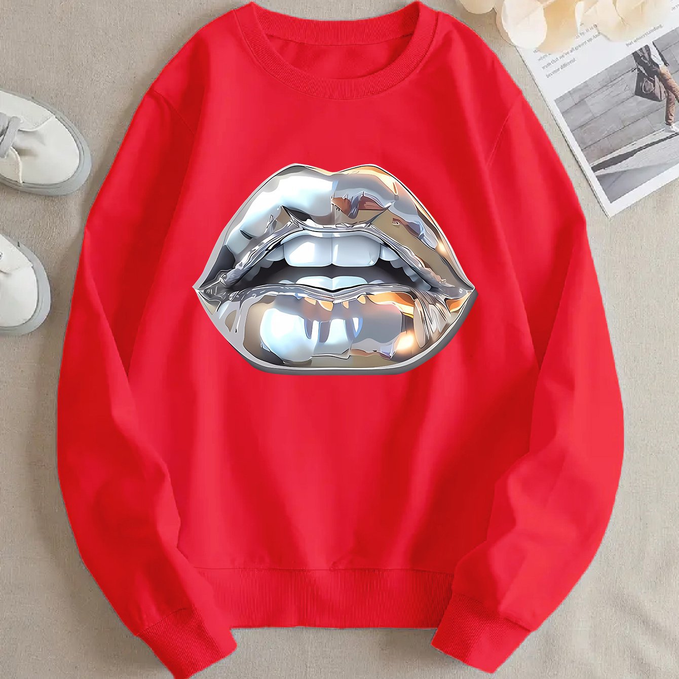Womens Cartoon Silver Lip-Printed Sweatshirt See size chart under “more details”