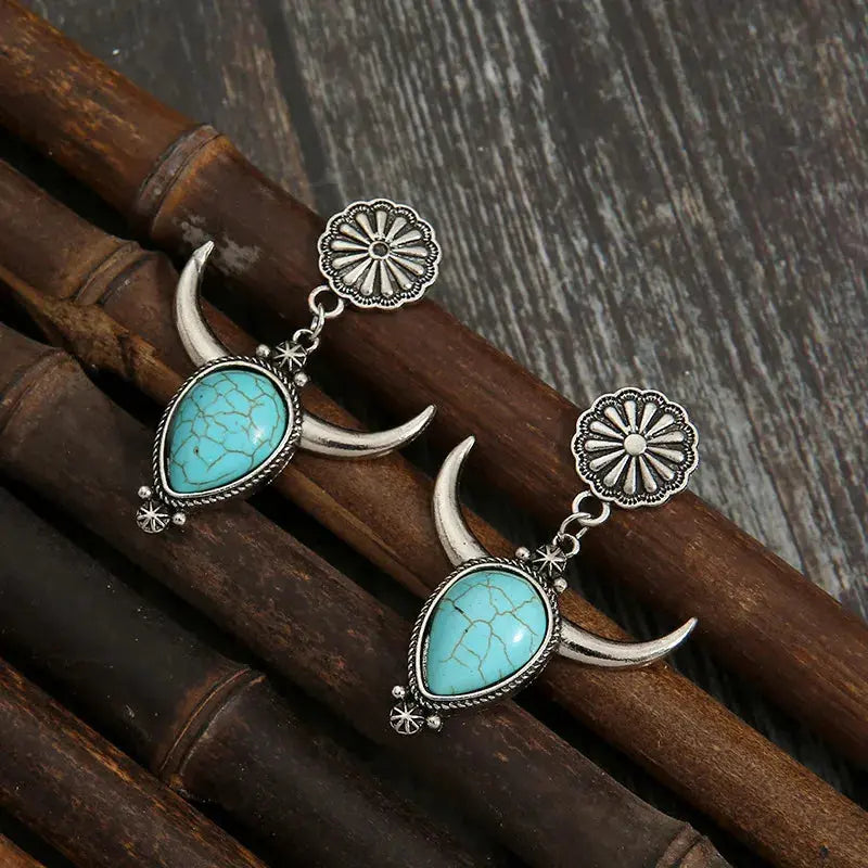 Western Cow Head Turquoise Statement Earrings