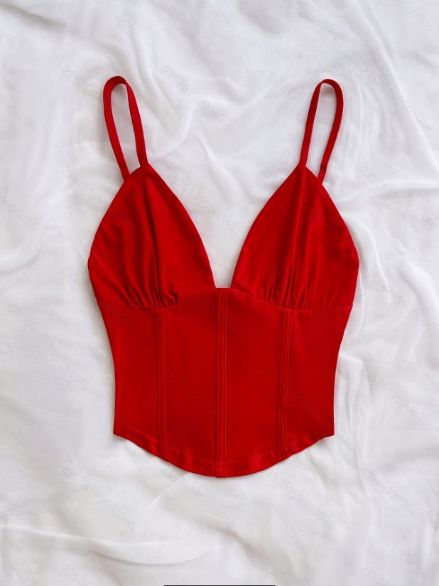 Women's Spring And Summer Fashion Retro Sexy V-Neck Off-Shoulder Design Knitted Camisole Top Suitable For Dates