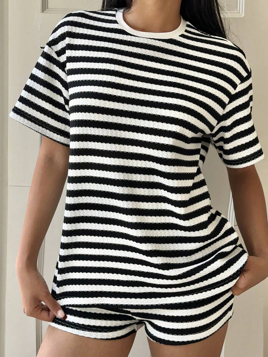 Striped Short-Sleeve T-Shirt Set Womens Fashion Summer