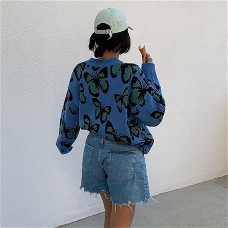 Autumn And Winter Butterfly Print Plus Size Ladies Trendy Sweater