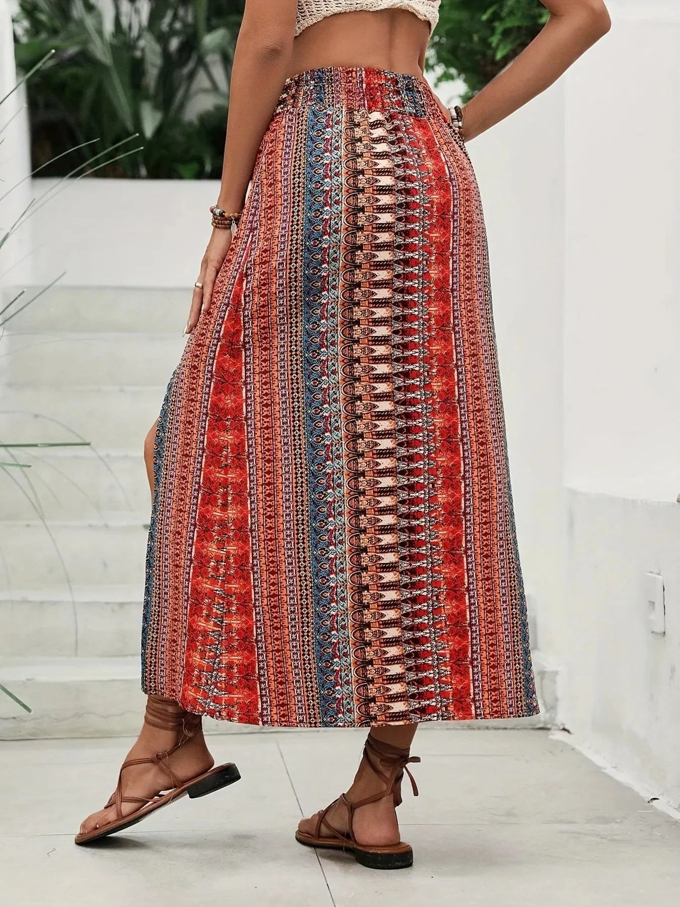 High Waist Side Slit Bohemian Maxi Skirt – Red Ethnic Print