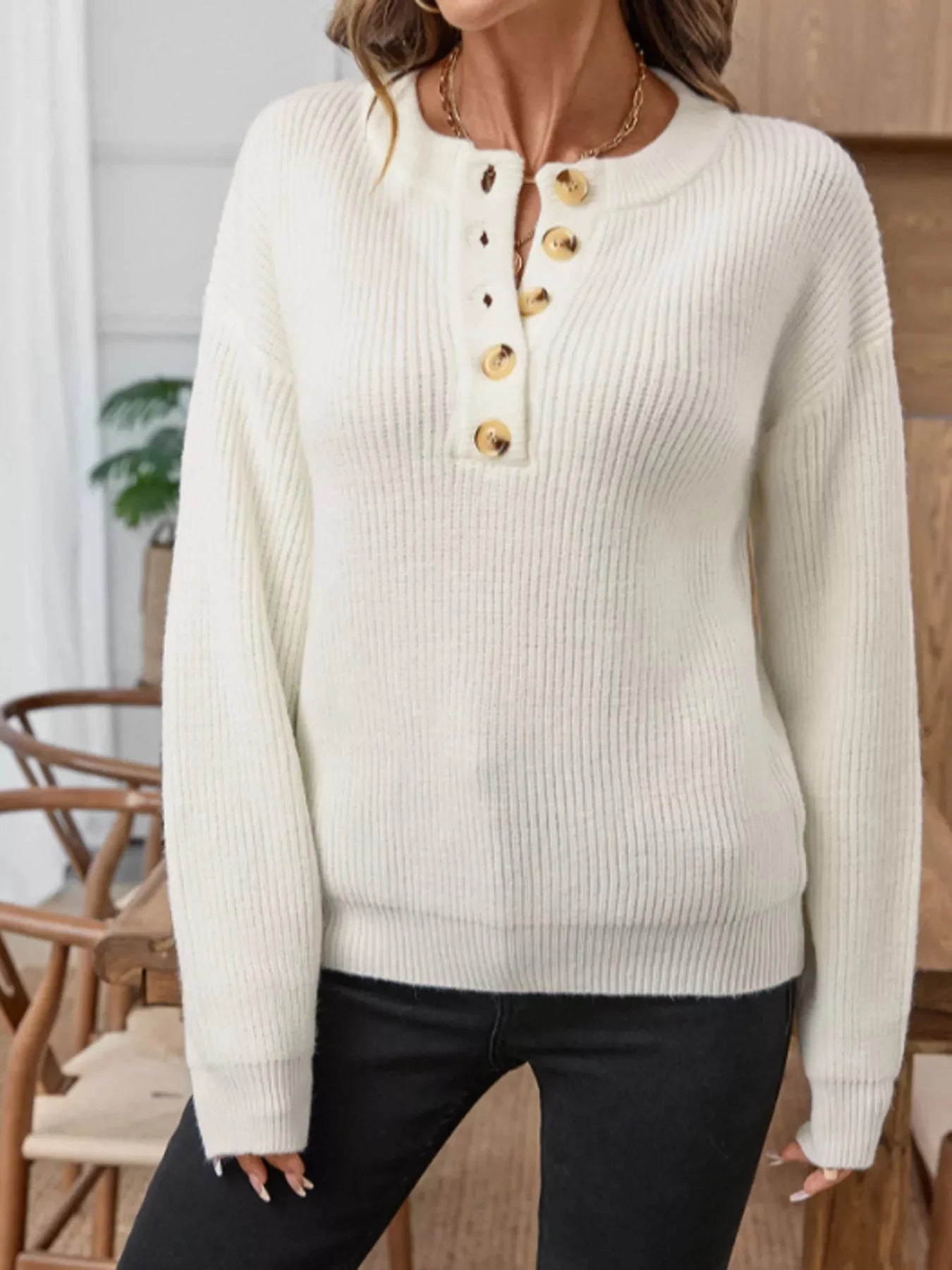 Button Detail Long Sleeve Sweater